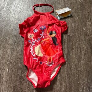 The Disney Store Swimsuit Girls 5/6 Red Elena of Avalor Ruffle UPF 50+ One Piece